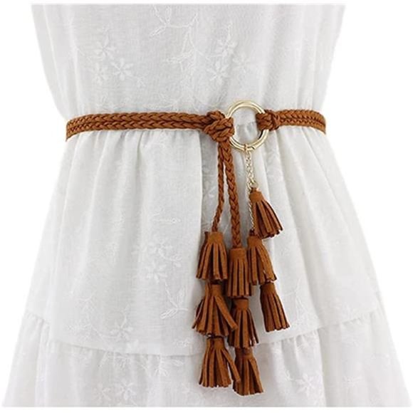 Women Girls PU Leather Waist Belt Chain Skinny Rope with Double Tassel